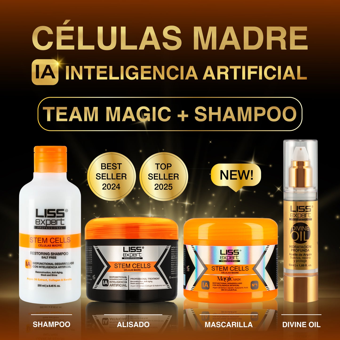 Alisado Células Madre + Mascarilla Magic IA + Shampoo Células Madre + Divine Oil