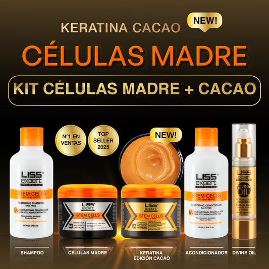Alisado Células Madre + Alisado Células Madre Keratina de Cacao + Shampoo y Acondiciondor Células Madre + Divine Oil
