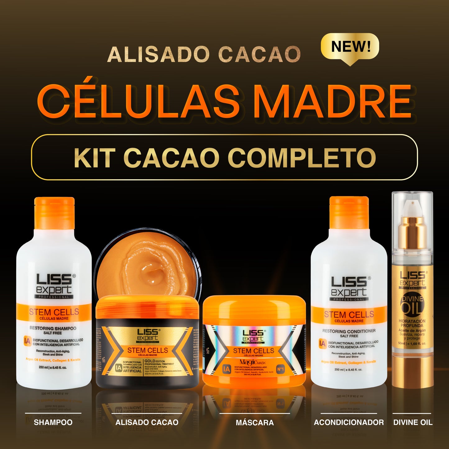 Alisado Células Madre Edición Cacao + Mascarilla Magic + Shampoo y Acondicionador Células Madre + Divine Oil