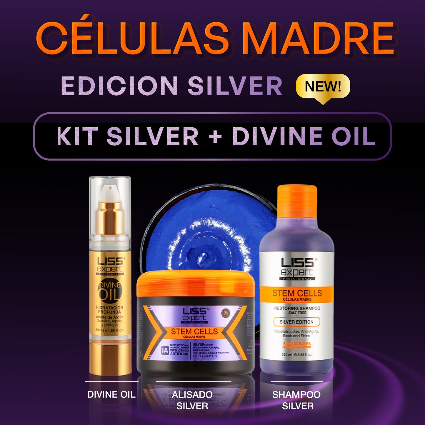 Alisado Células Madre Edición Silver + Shampoo Edición Silver + Divine Oil