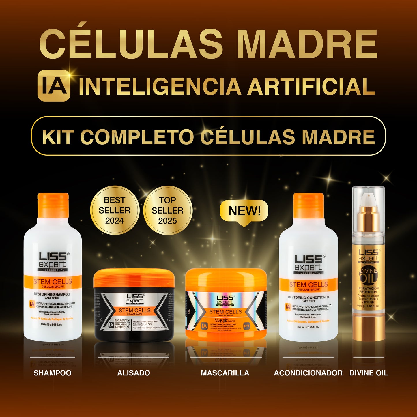 Alisado Células Madre + Mascarilla Magic IA + Shampoo y Acondicionador Células Madre + Divine Oil